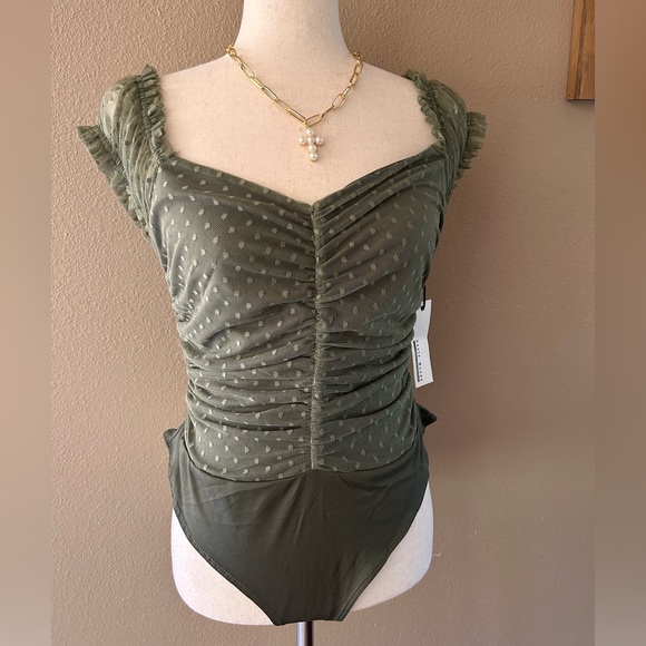 Tops - Olive shirred mesh bodysuit